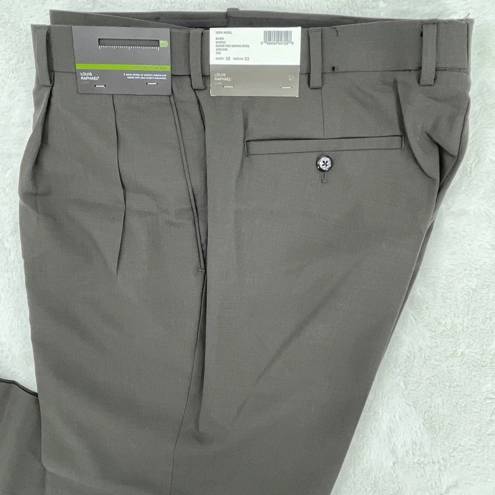 Louis Raphael Luxe Pants Mens 38x32 Merino Wool Hidden Extension Bark Pleats